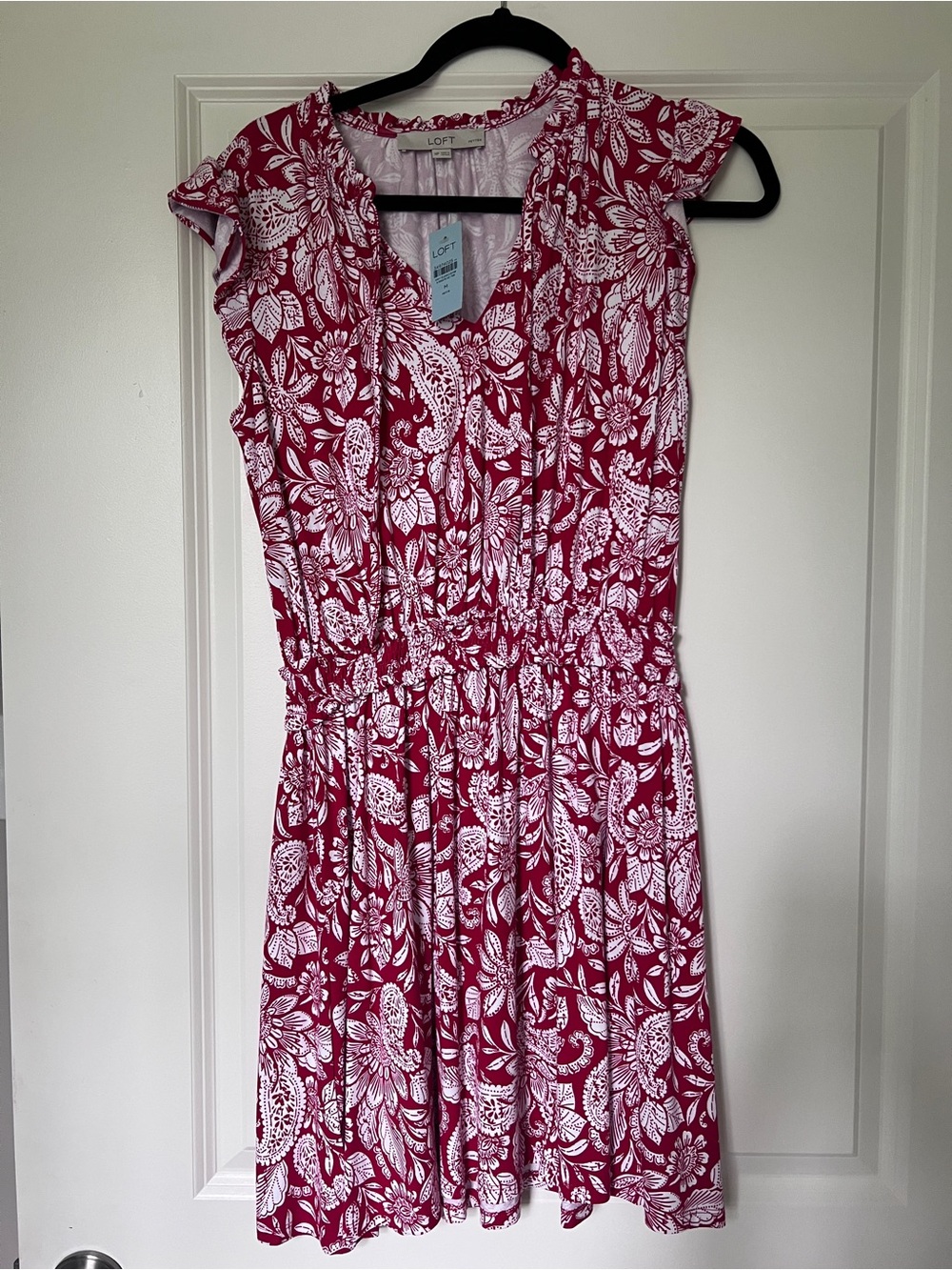 LOFT Red & White Floral Cap-Sleeve Fit-and-Flare Dress
